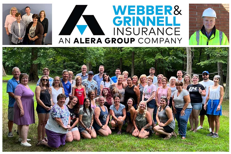 Homepage - Webber and Grinnell Insurance Logo with Collage of Images of the Team Smiling and Posing for Photos Together